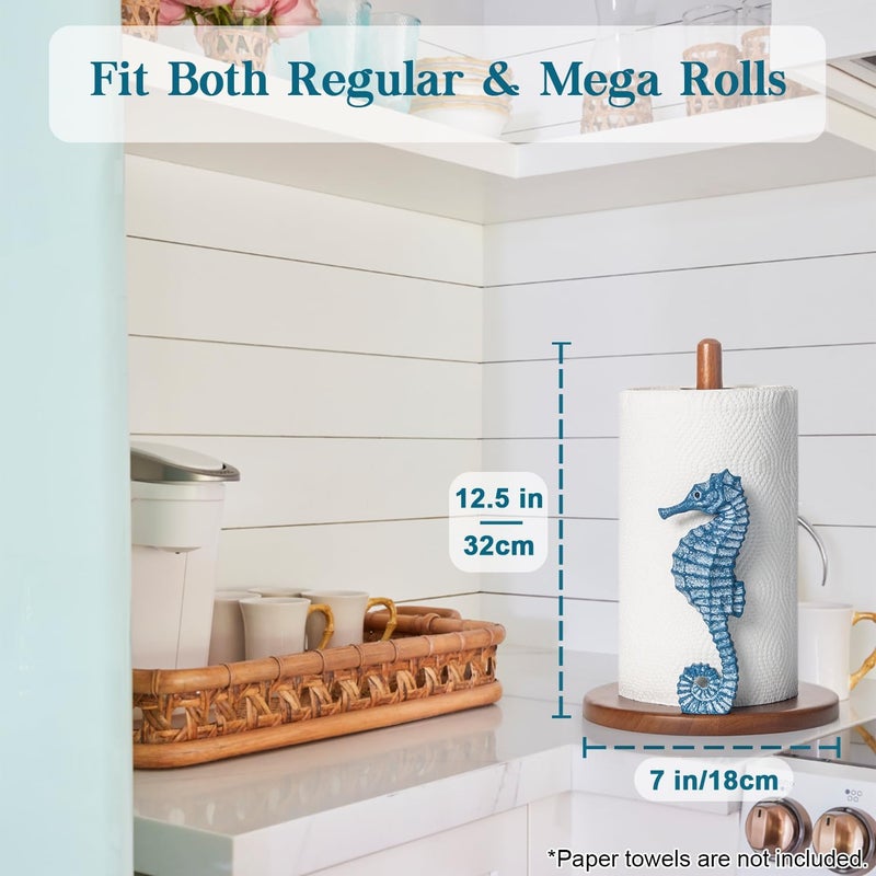 YLOVAN Seahorse Paper Towel Holder - Beach House Decor Unique Coastal Decor Seahorse Gifts for Women, Funny Cute Paper Towel Holder Stand Wood Kitchen Countertop Bathroom Decor Blue Coastal Kitchen - Image 3